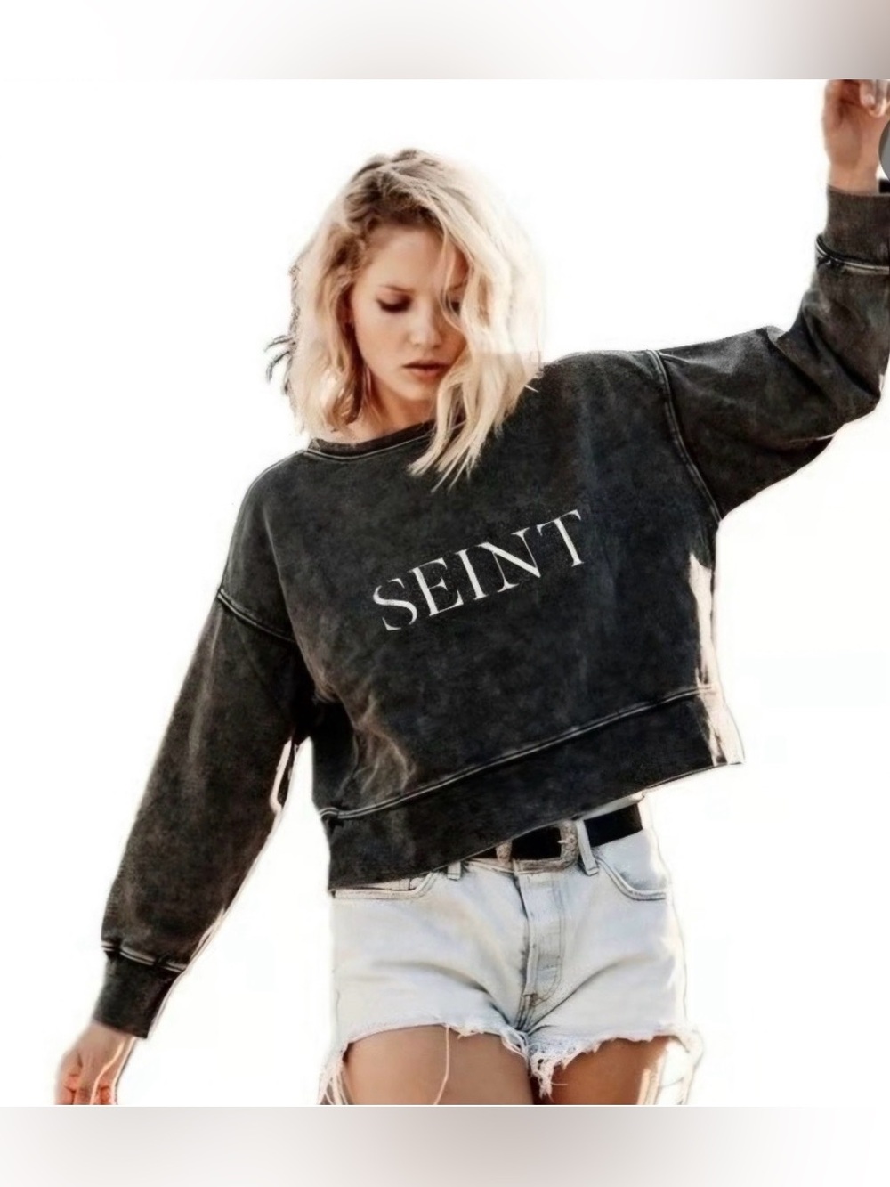 Seint Acid Wash Cropped Sweatshirt Oversized Womens Large Charcoal Grey Pullover